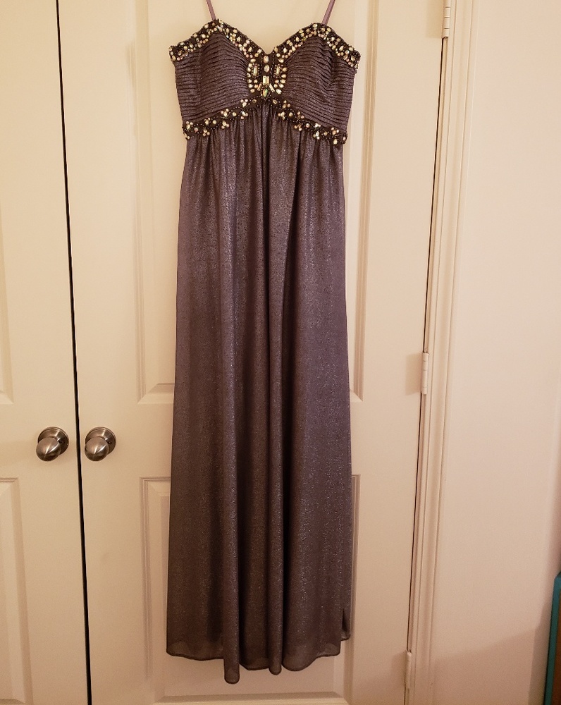Strapless silver full length dress
